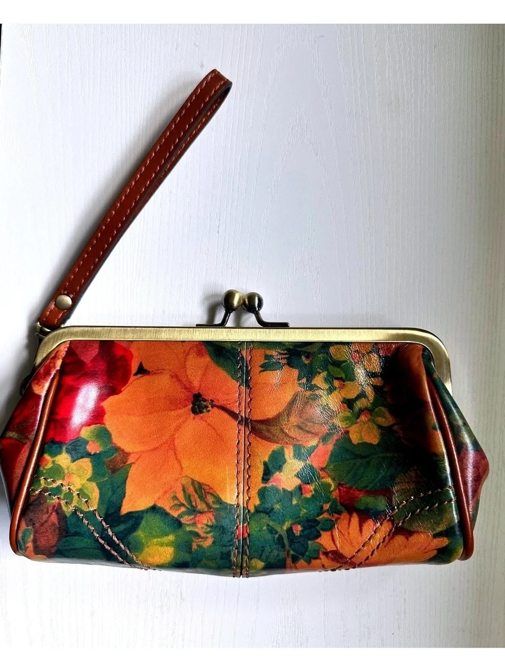 Patricia Nash Leather Wristlet with Retro Floral Print and Kiss Lock Closure